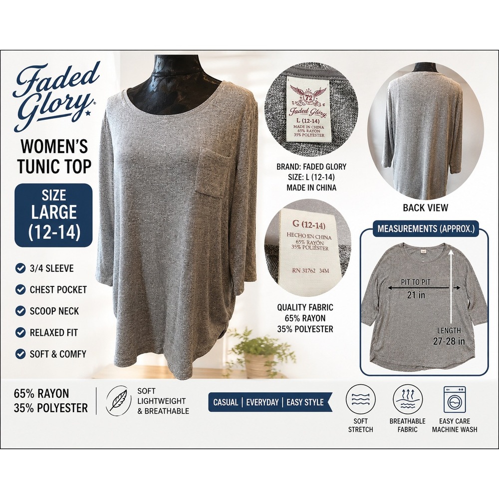 Faded Glory Womens Tunic Top Large 12-14 Gray 3/4 Sleeve Scoop Neck Relaxed Fit